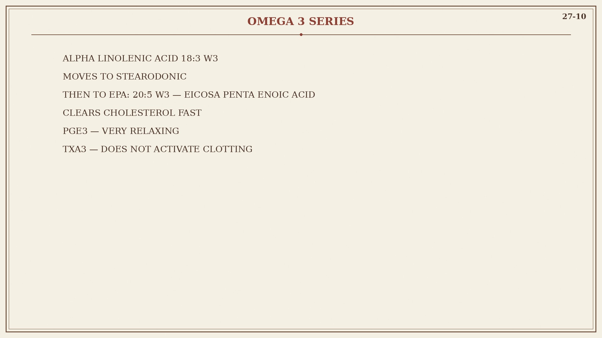 Chart 27-10: omega-3 series to EPA, PGE-3, TXA-3