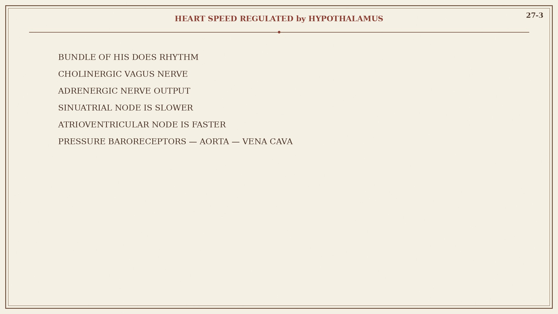 Chart 27-3: heart external, vagus, nodes, baroreceptors, aorta