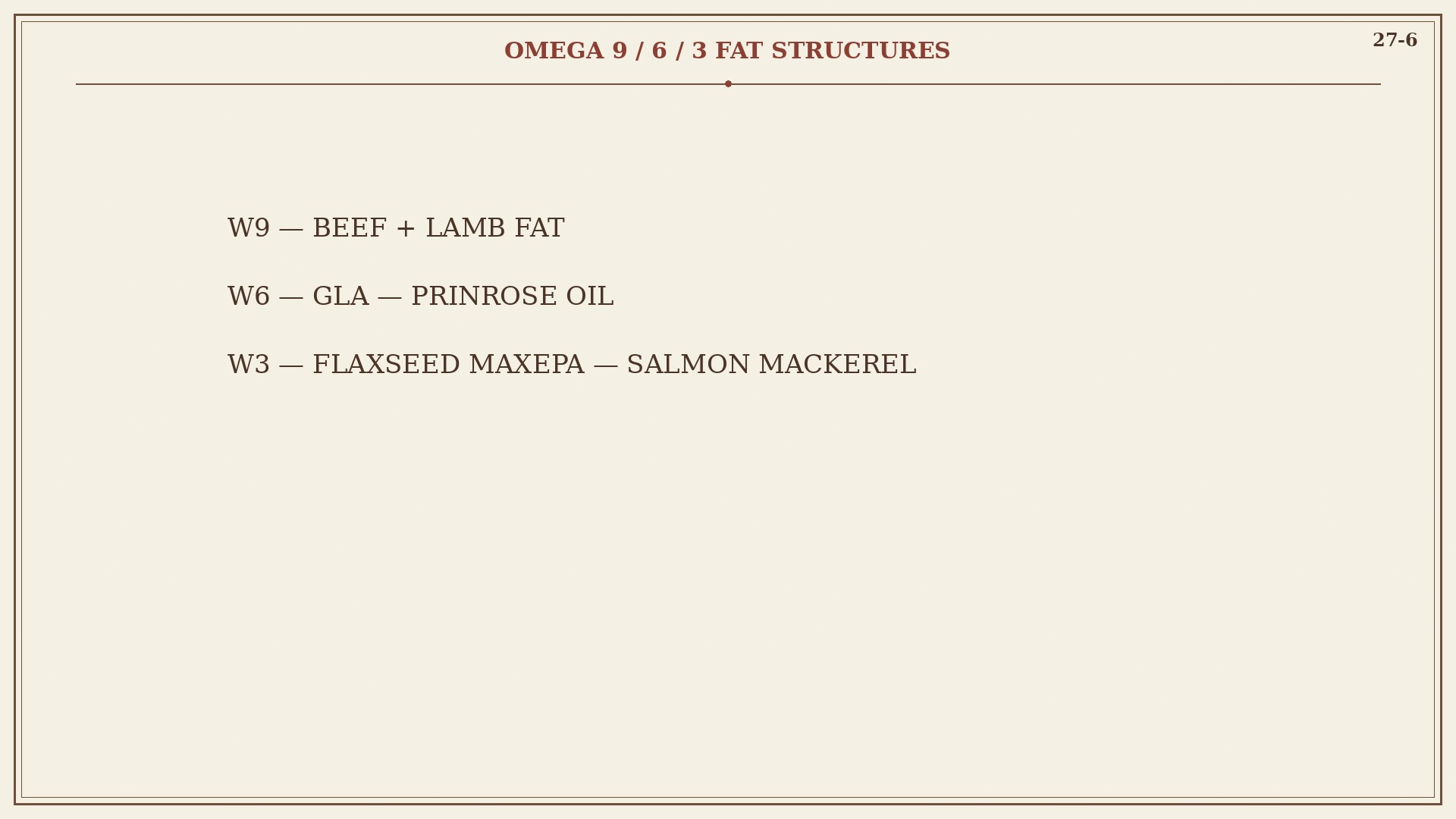 Chart 27-6: saturated, omega-9, omega-6 GLA, omega-3 flax MaxEPA