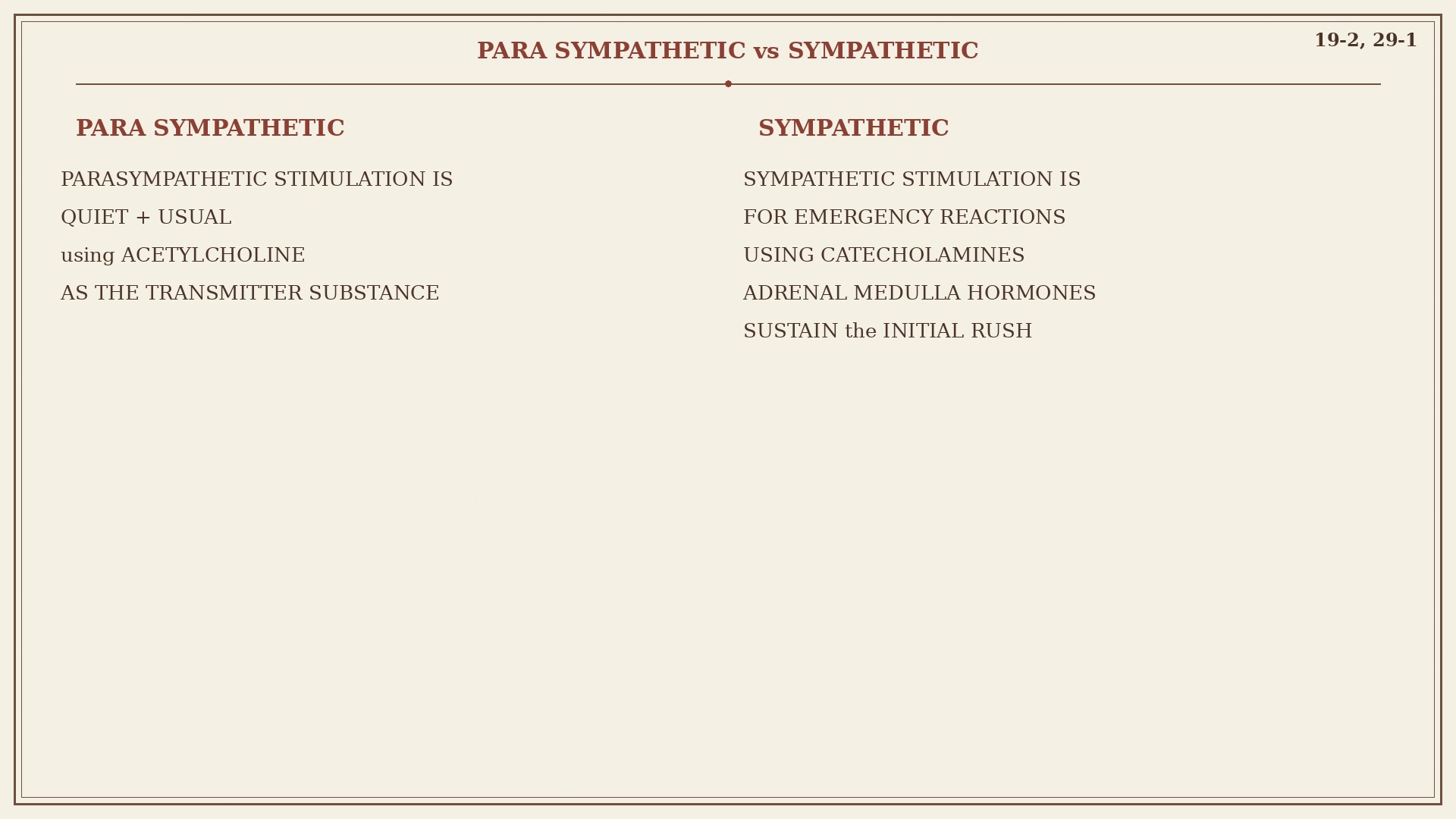 Chart 29-1: parasympathetic quiet, sympathetic emergency, adrenal medulla