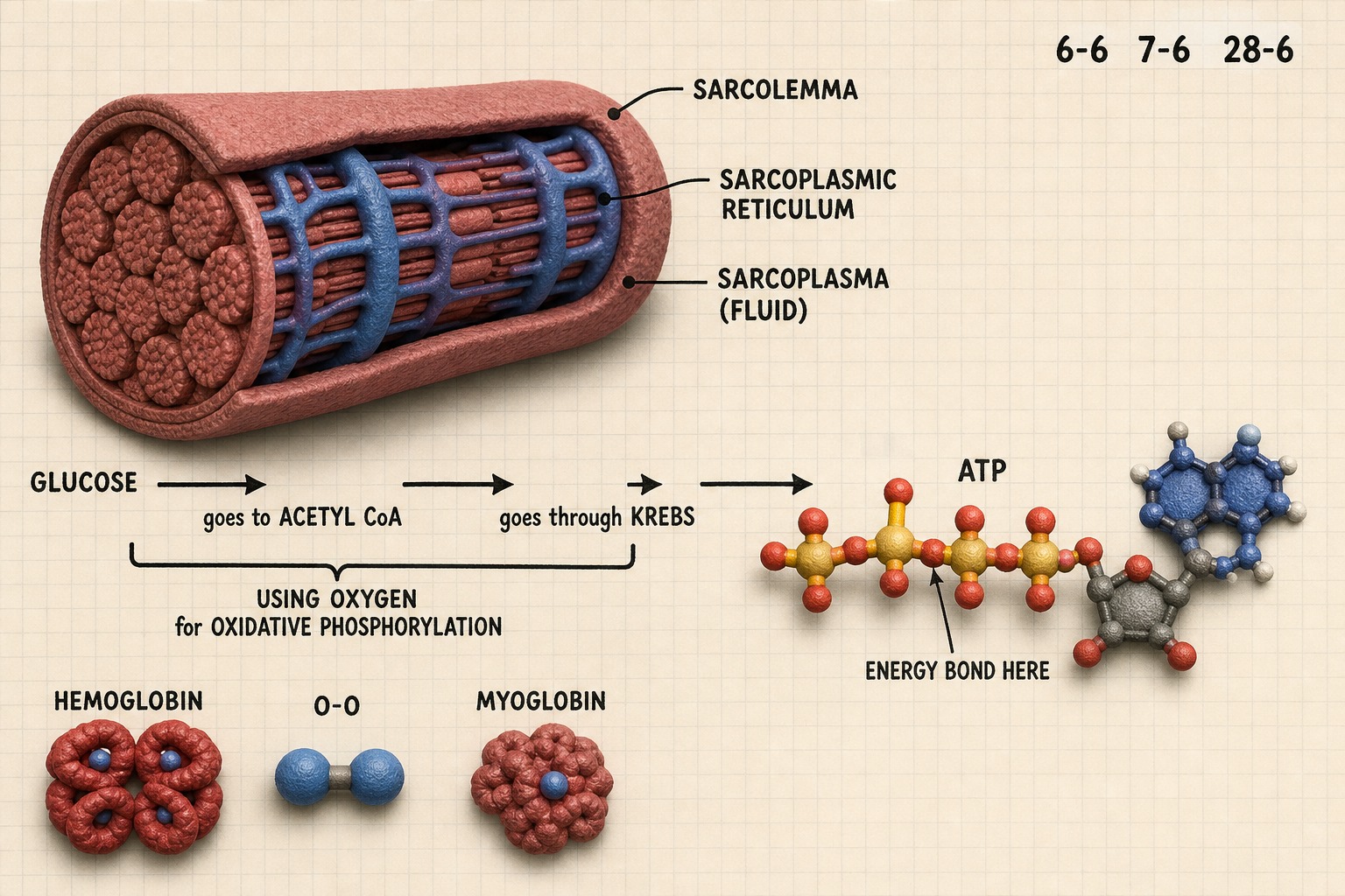 Chart 29-10: heme to myoglobin, glucose through Krebs to ATP