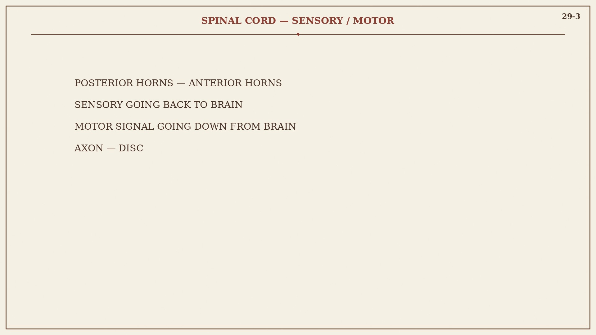 Chart 29-3: anterior horns motor down, posterior horns sensory back