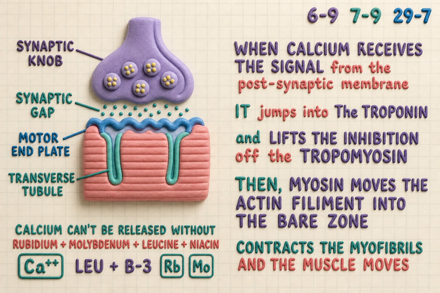 Chart 29-7: calcium jumps into troponin and the muscle moves