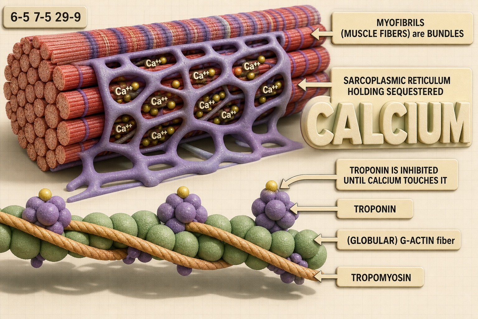Chart 29-9: sarcoplasmic reticulum holding calcium, troponin, tropomyosin