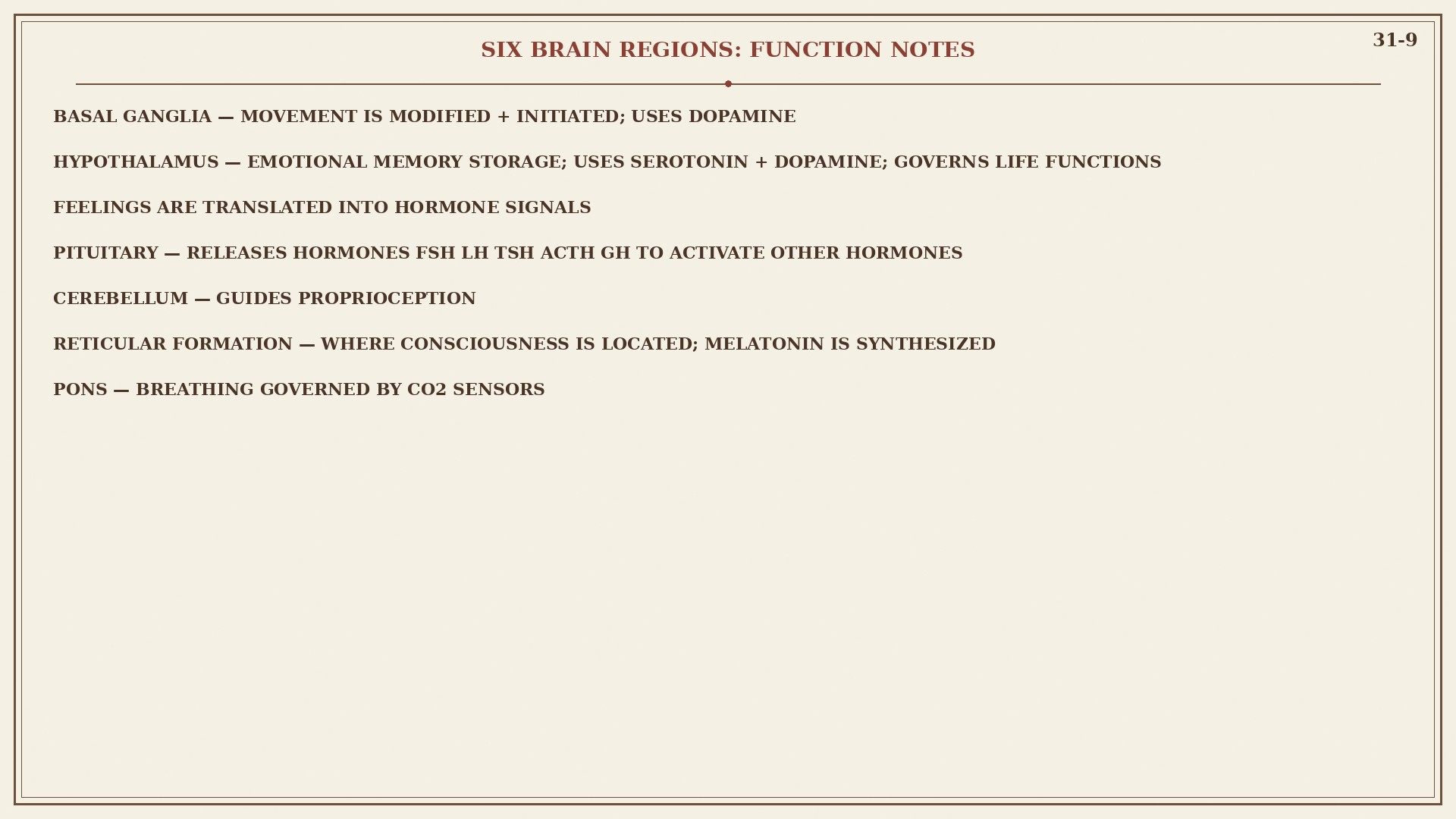Chart 31-9: basal ganglia, hypothalamus, pituitary, cerebellum, reticular, pons