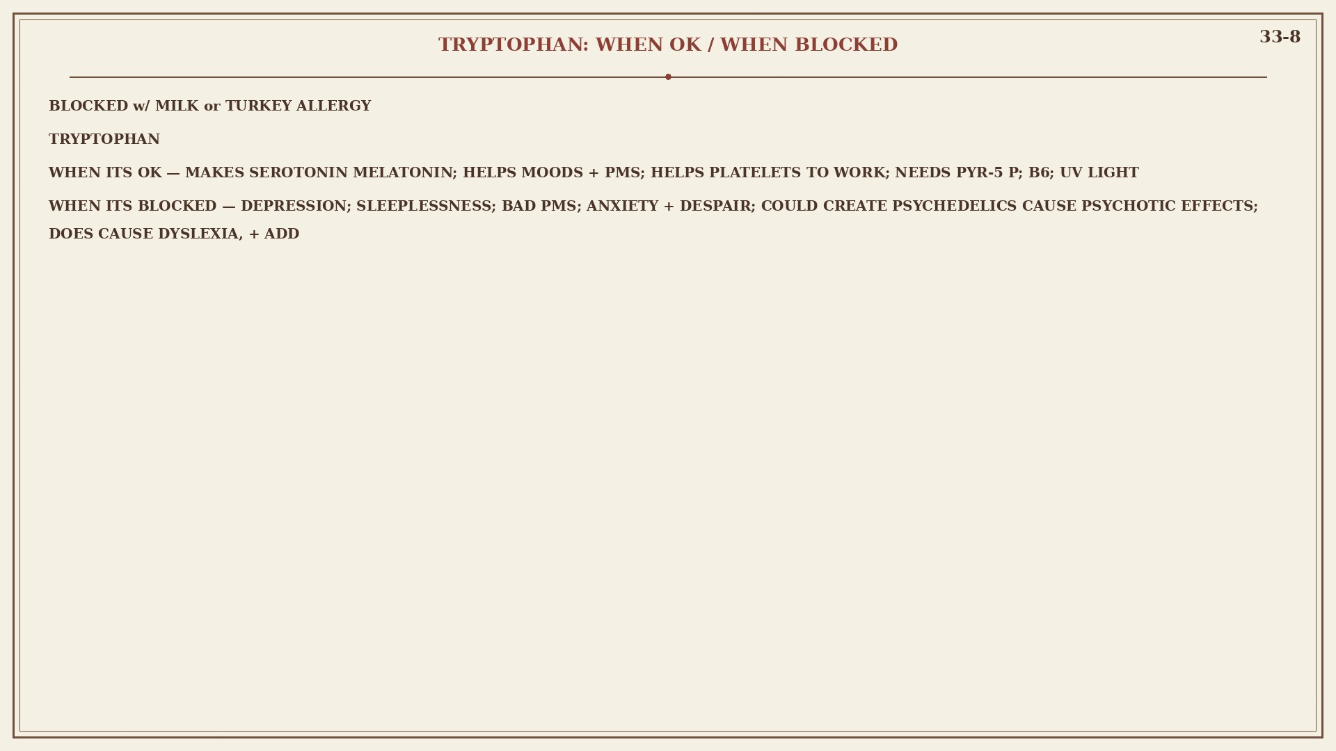 Chart 33-8: tryptophan blocked by milk or turkey