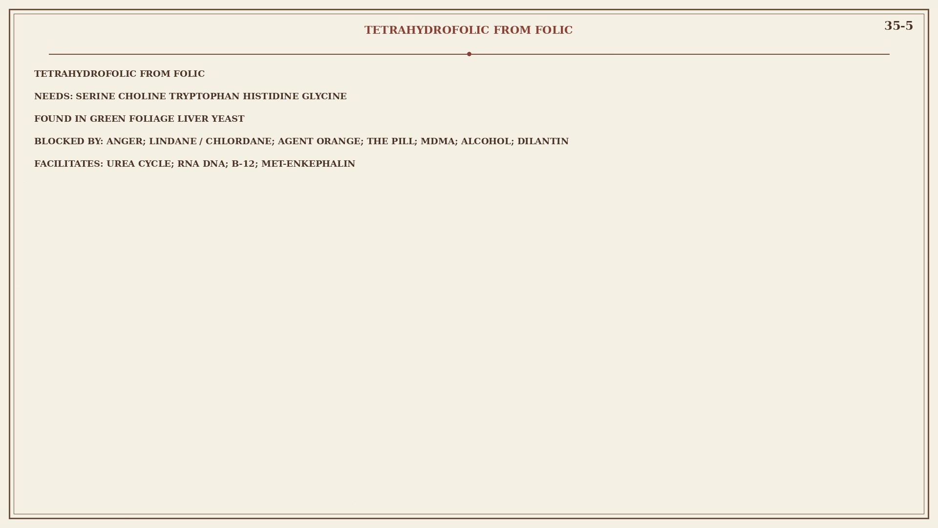 Chart 35-5: THFA blocked by anger, the pill, chemo; used for RNA, DNA, red cells