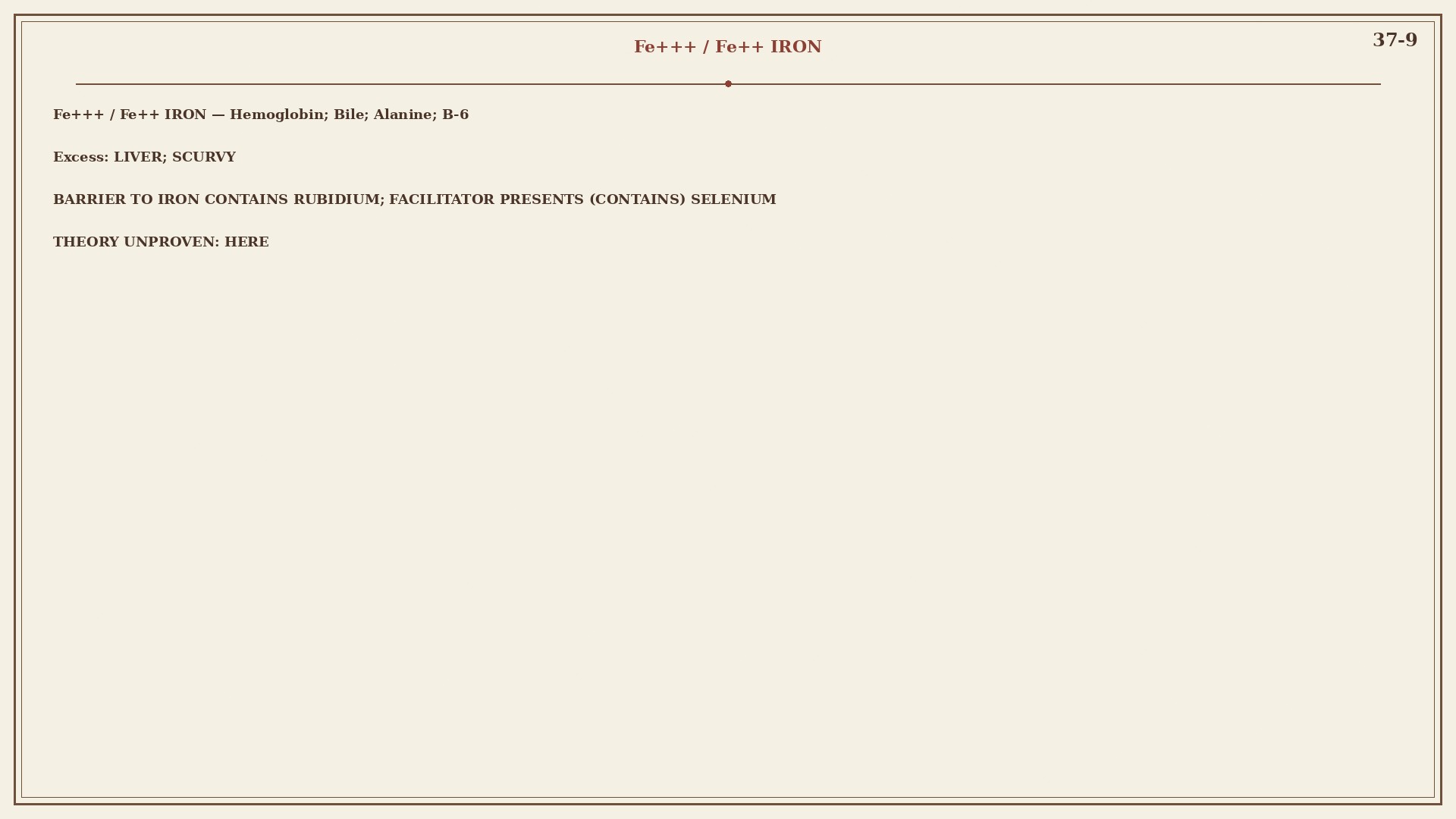 Chart 37-9: iron in hemoglobin; excess deposits; iron gate as her parking