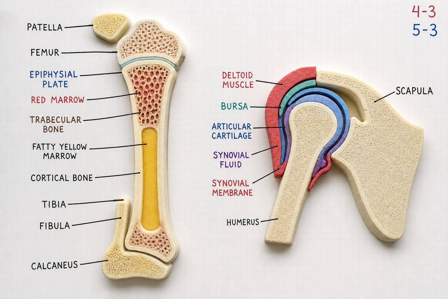 Chart 4-3: red and yellow marrow in a long bone, and a shoulder joint with bursa, cartilage, and synovium
