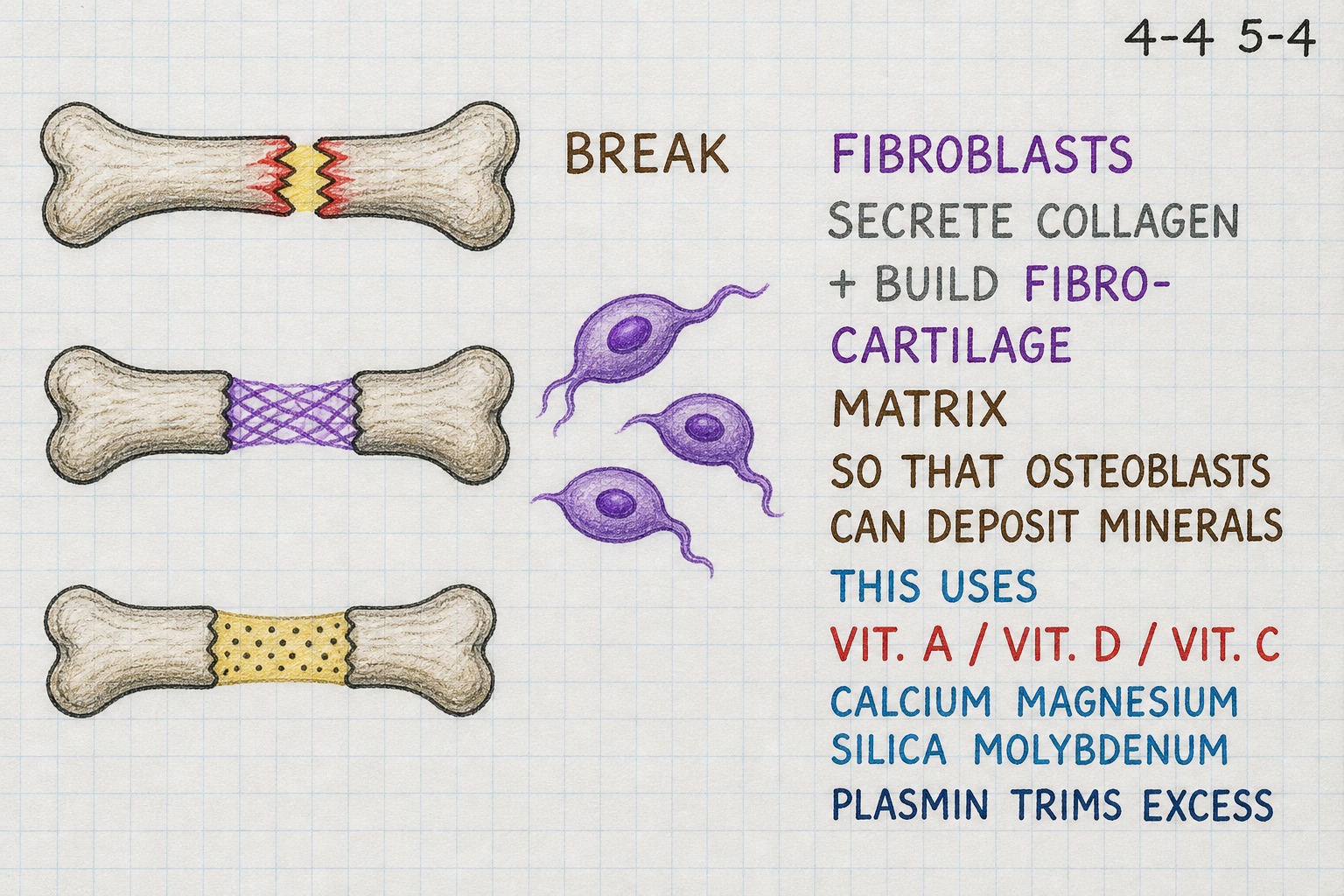 Chart 4-4: a broken bone, fibroblasts building a fibrocartilage matrix, osteoblasts depositing mineral, plasmin trimming excess