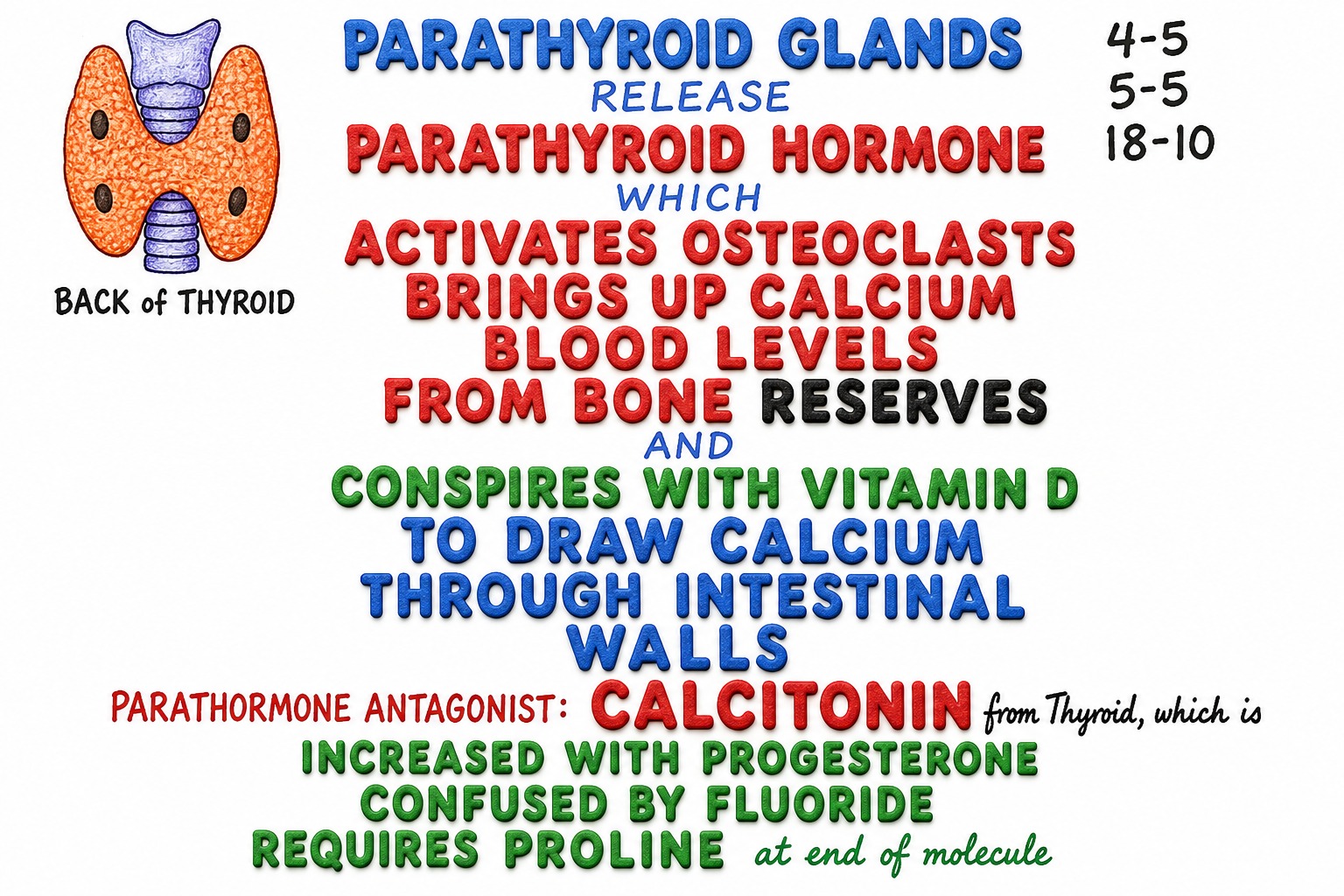 Chart 4-5: parathyroid glands on the back of the thyroid, PTH activating osteoclasts, calcitonin as antagonist, fluoride and proline notes