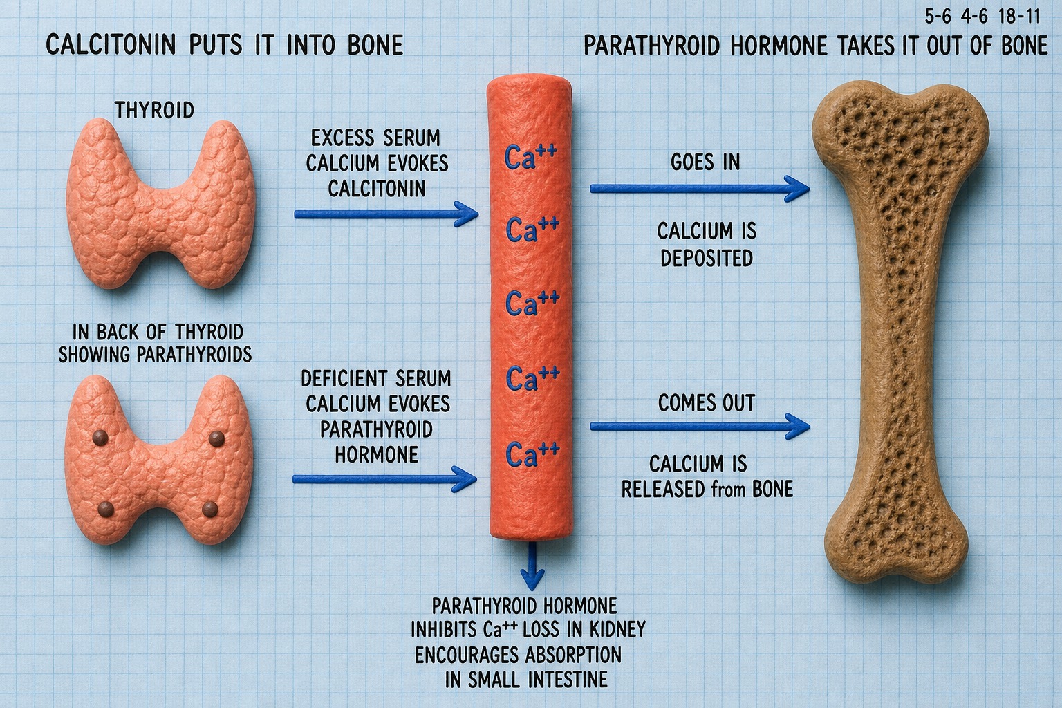 Chart 4-6: calcitonin putting calcium into bone, parathyroid hormone taking it out, kidney and small intestine notes
