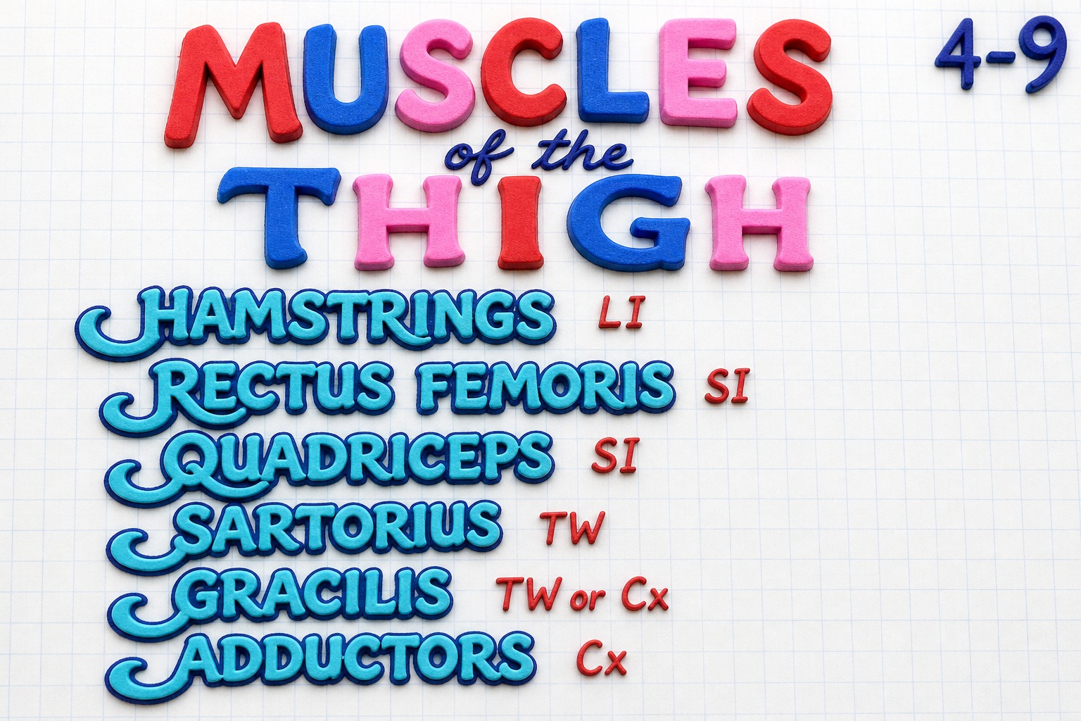 Chart 4-9: muscles of the thigh — hamstrings on large intestine, rectus femoris and quadriceps on small intestine, sartorius on triple warmer, gracilis on TW or CX, adductors on CX