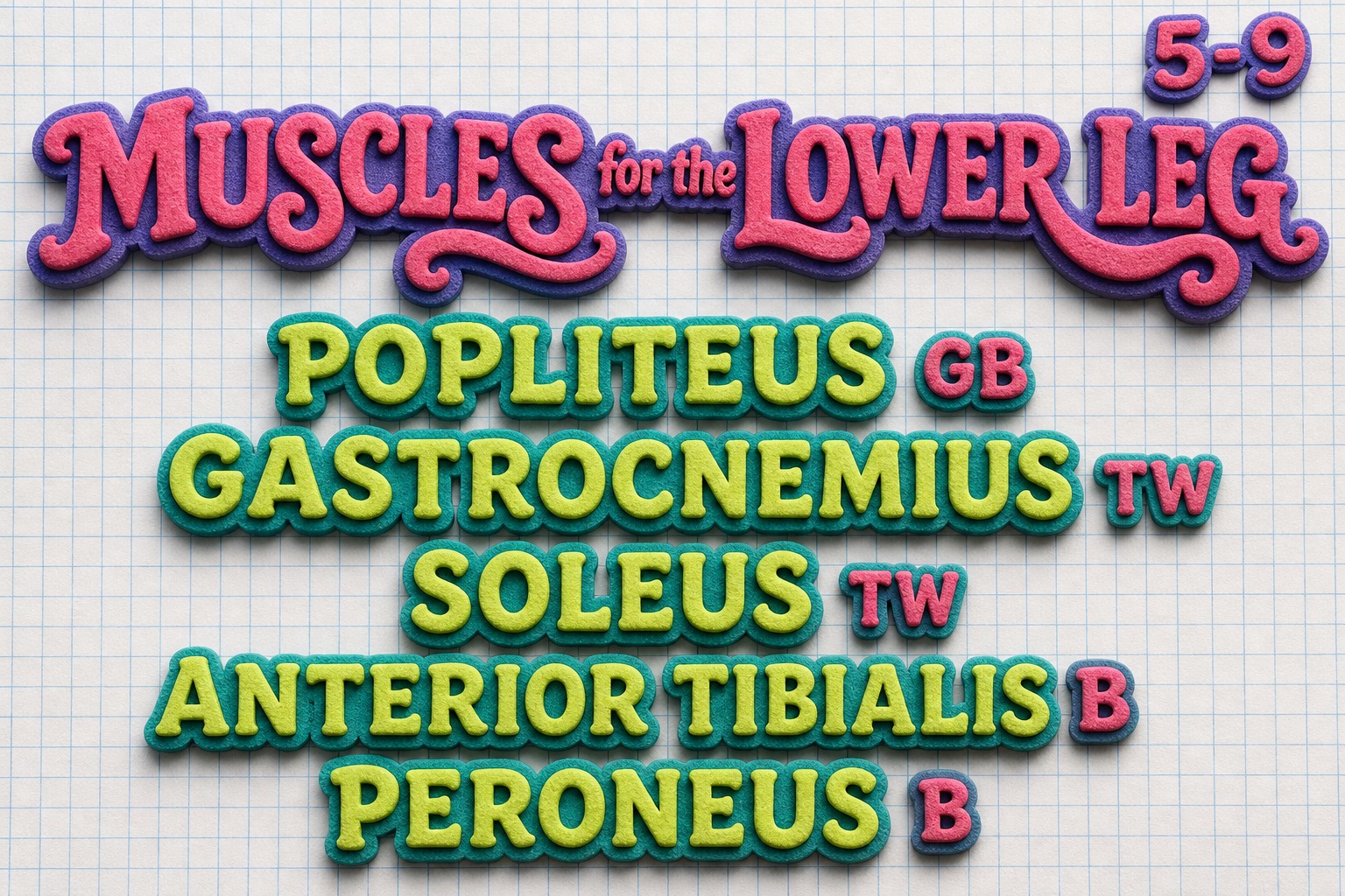 Chart 5-9: muscles for the lower leg — popliteus on gallbladder, gastrocnemius and soleus on triple warmer, anterior tibialis and peroneus on bladder