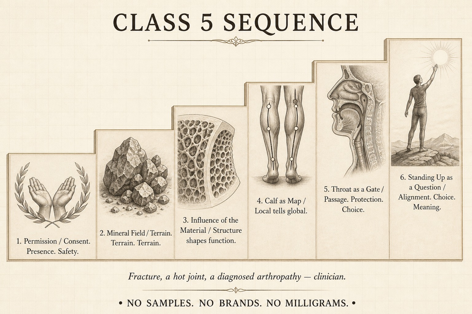Banner: Class 5 sequence — permission, mineral field, calf as map