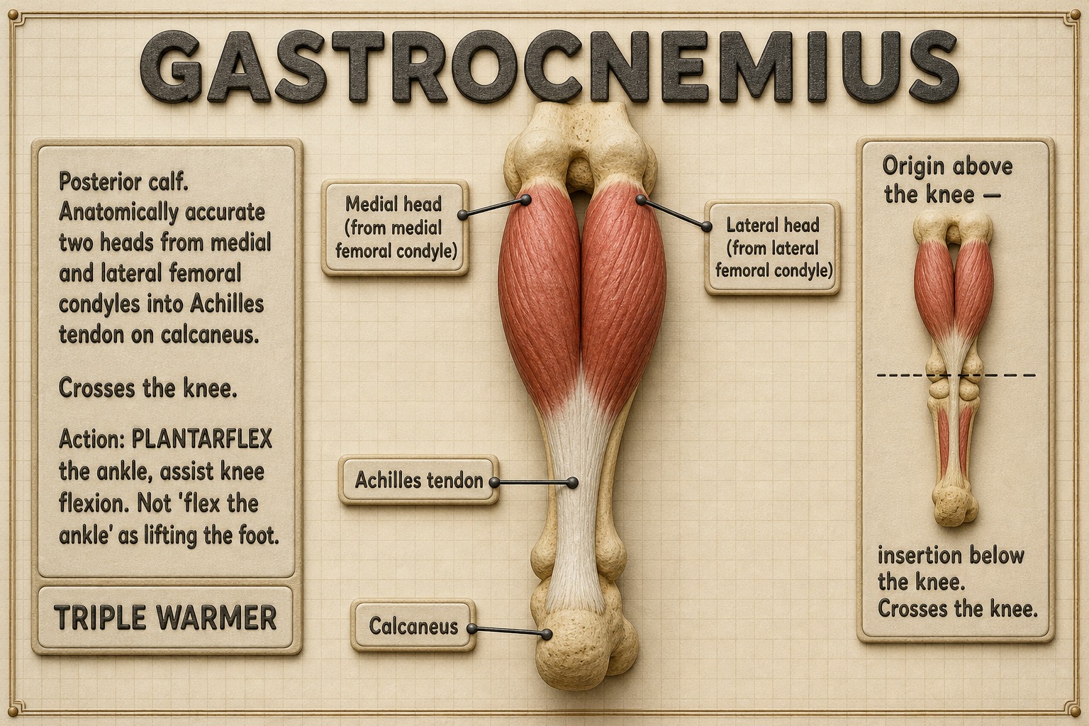 Banner: gastrocnemius two heads into Achilles — plantarflex, not lift