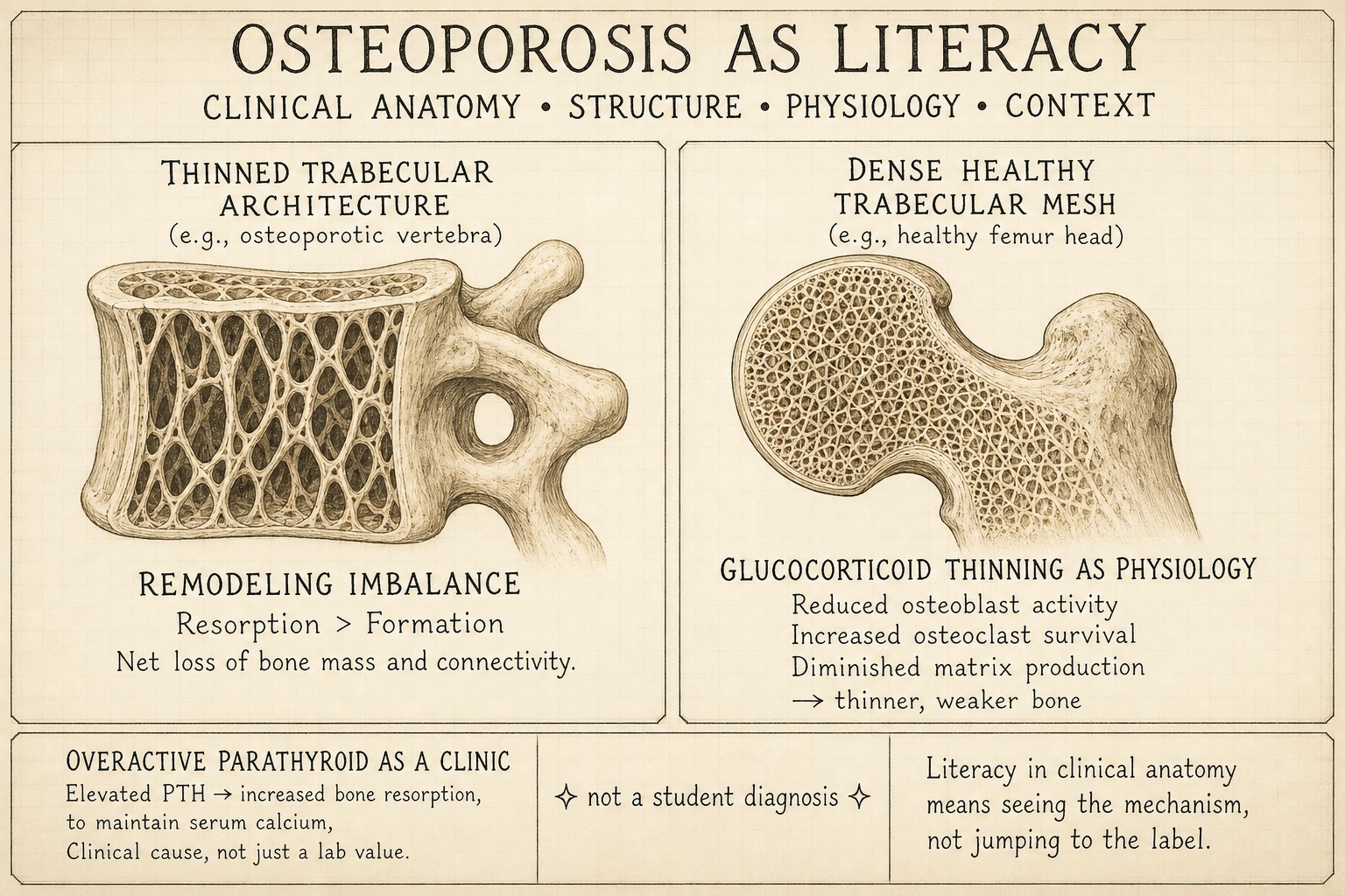 Banner: osteoporosis as literacy — thinned trabeculae, not a student diagnosis