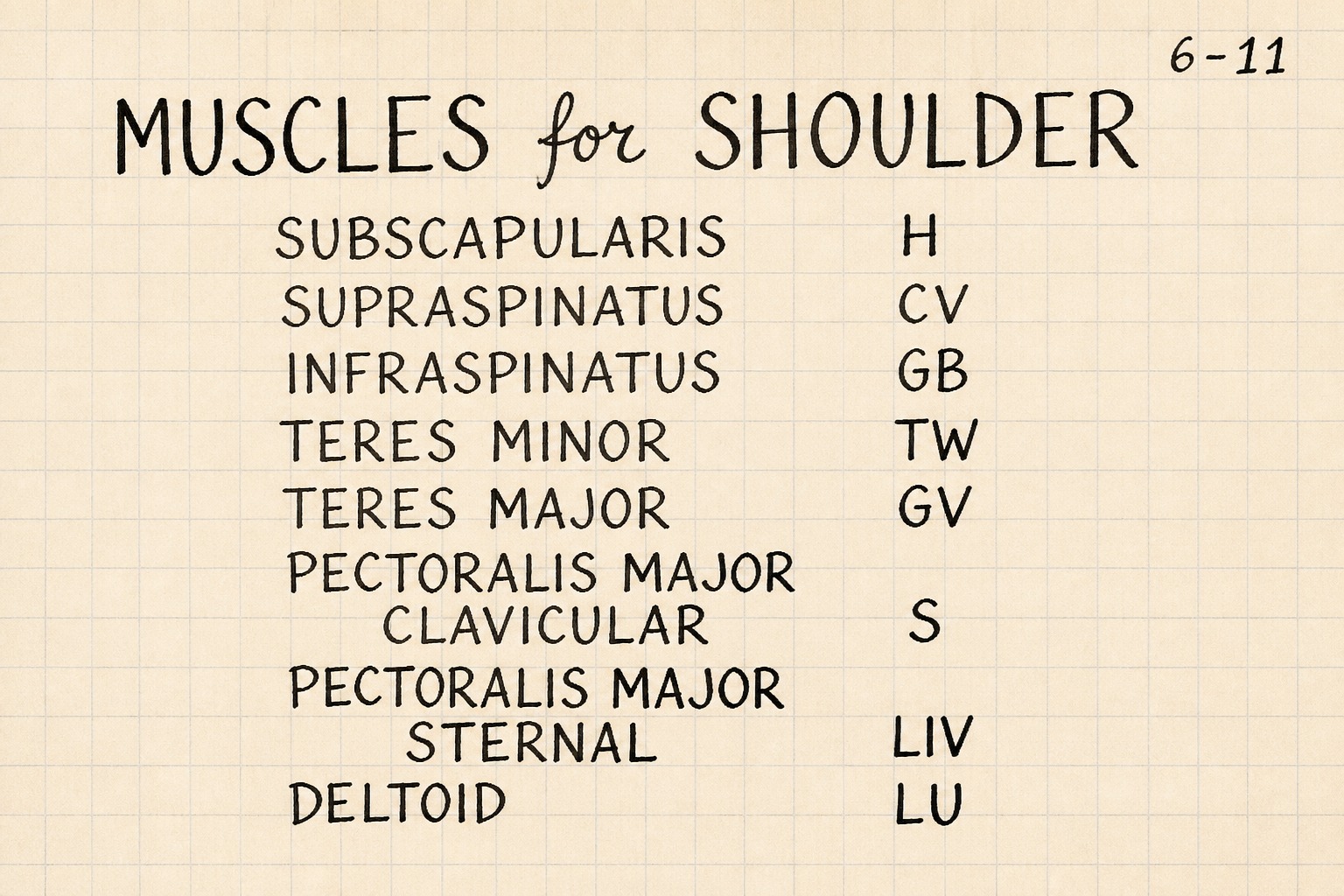 Chart 6-11: muscles for the shoulder and their meridians