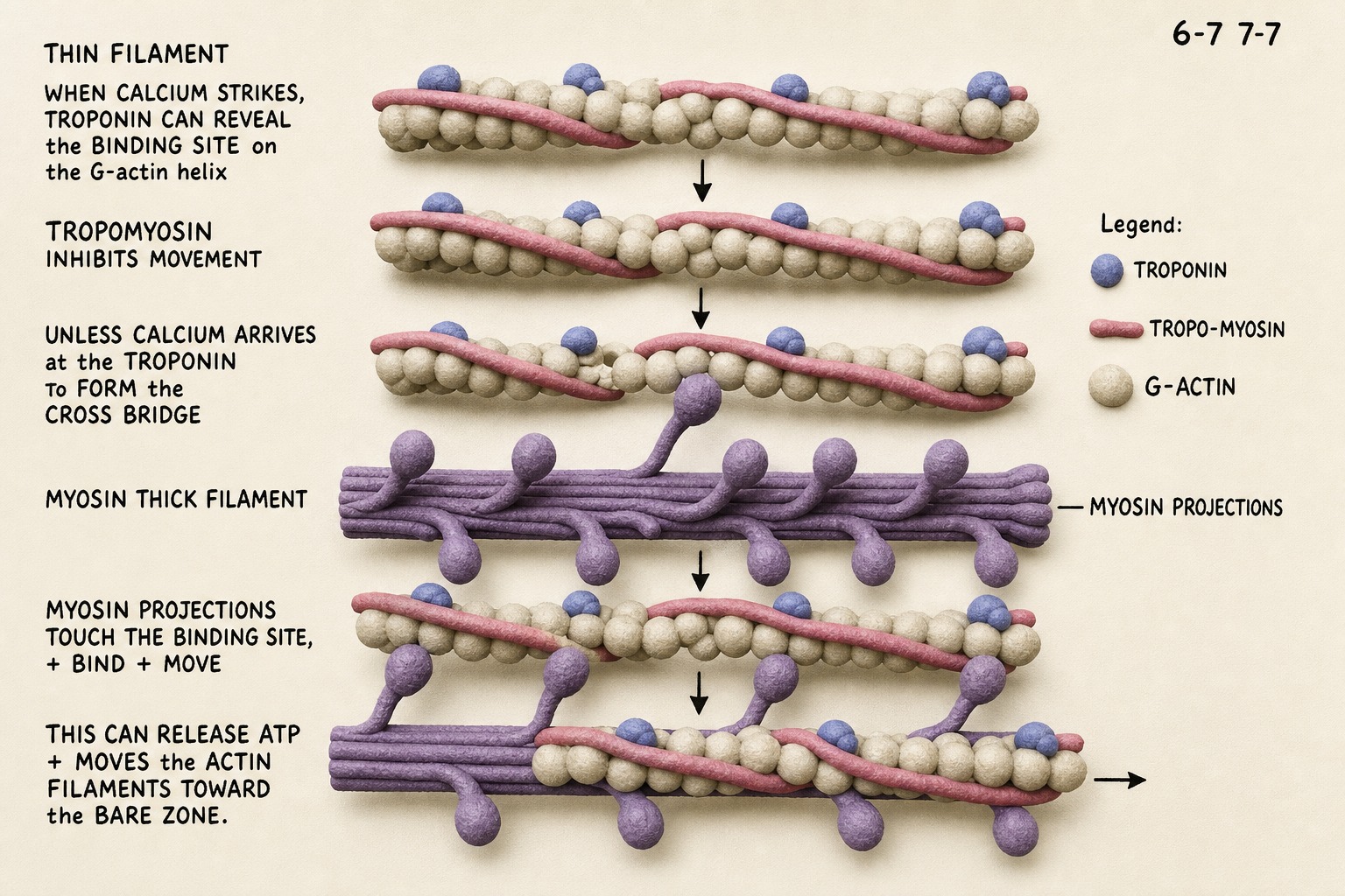 Chart 6-7: thin filament with troponin and tropomyosin; thick filament myosin heads forming a cross-bridge toward the bare zone