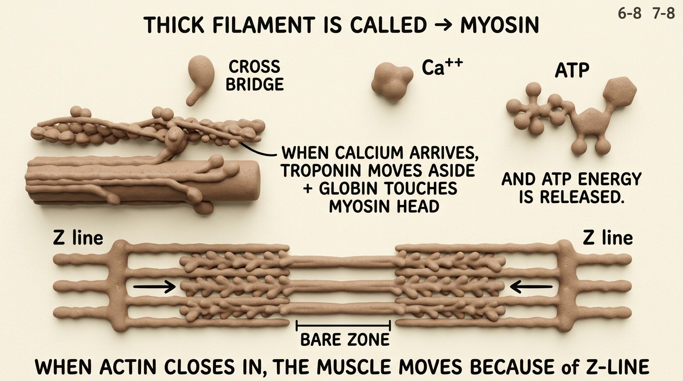 Chart 6-8: thick filament myosin, cross-bridges, Z-lines pulling toward the bare zone