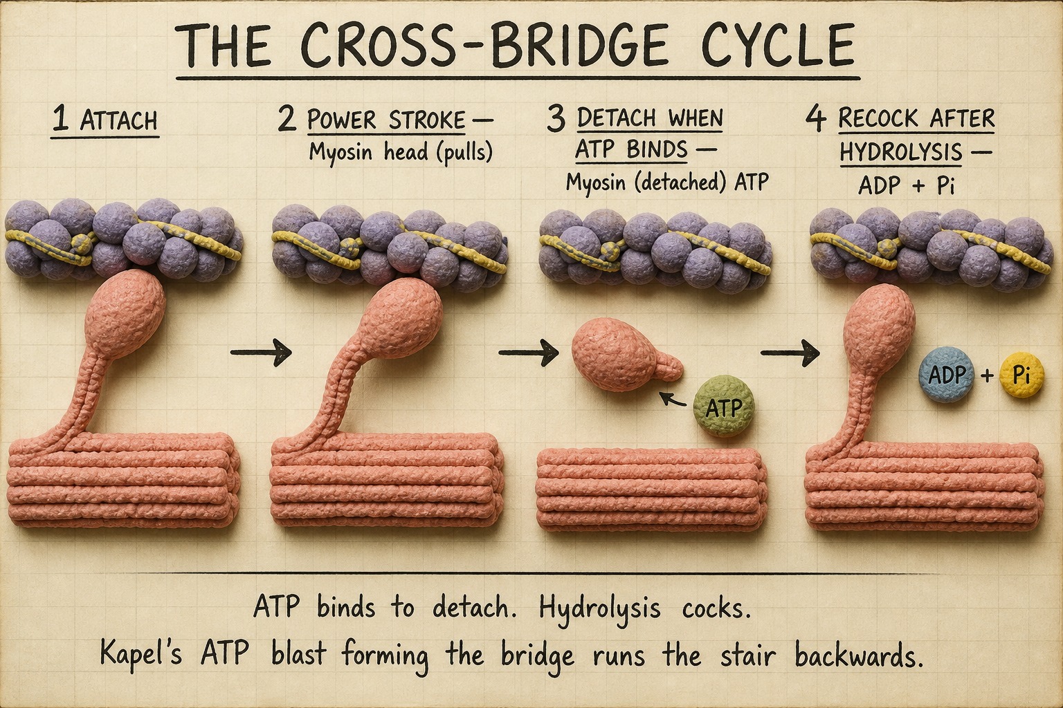 Banner: the cross-bridge cycle — attach, stroke, ATP detaches, hydrolysis cocks