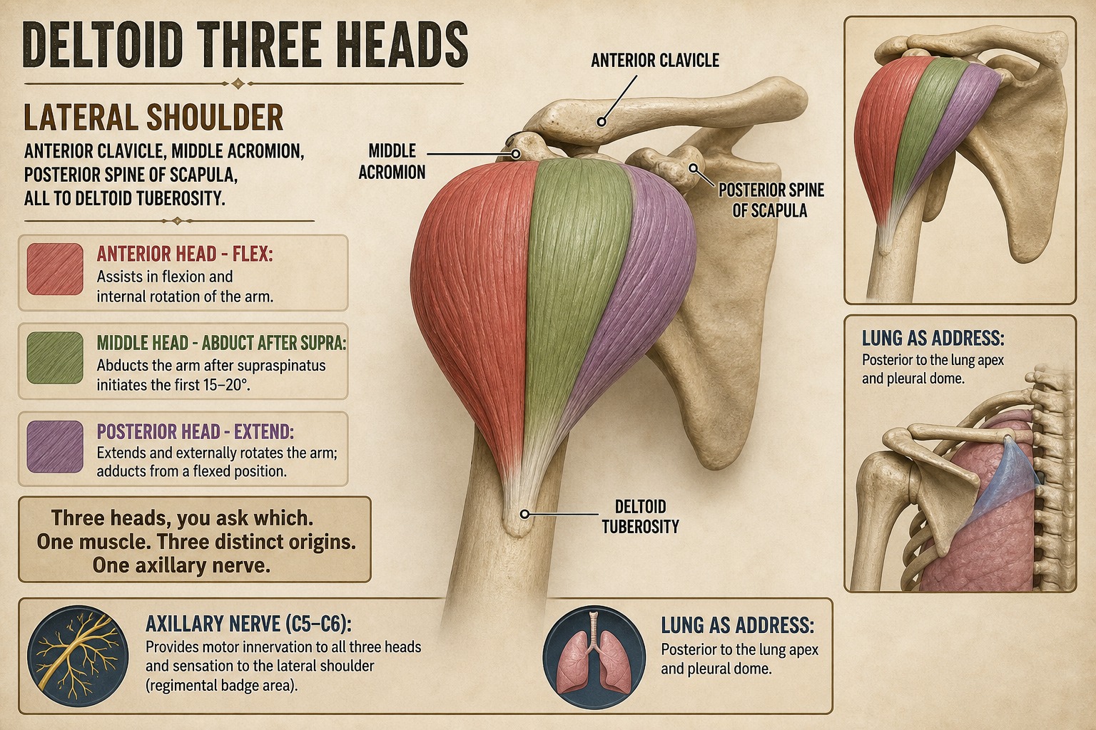 Deltoid three heads to one tuberosity