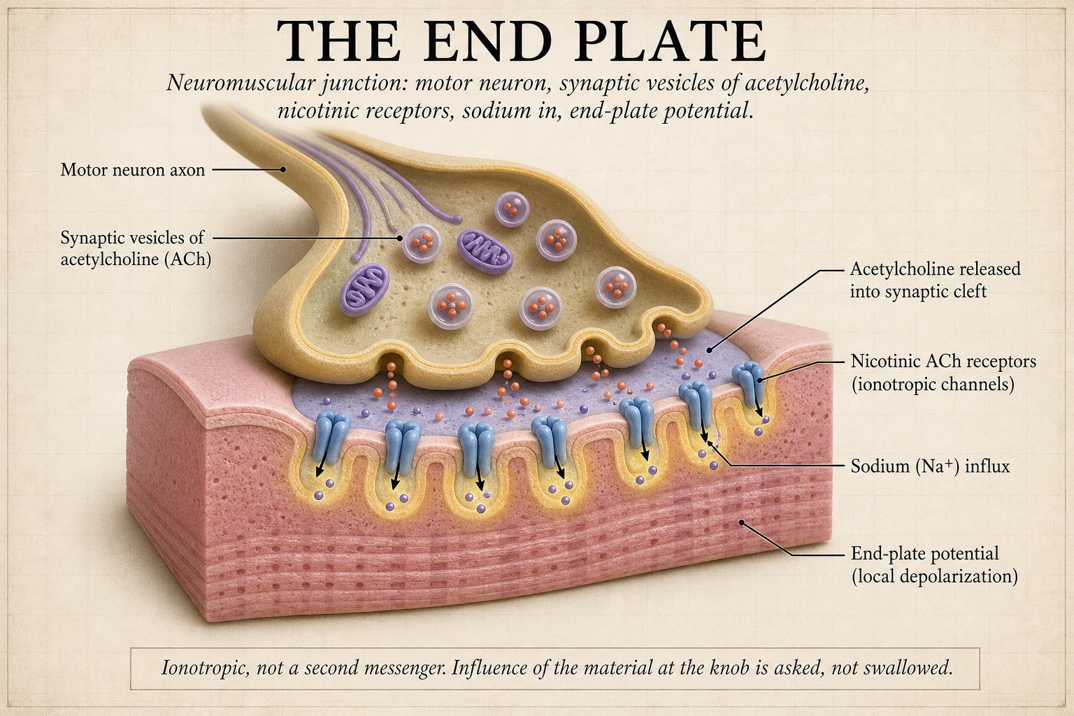 Banner: the end plate — acetylcholine, nicotinic, sodium in