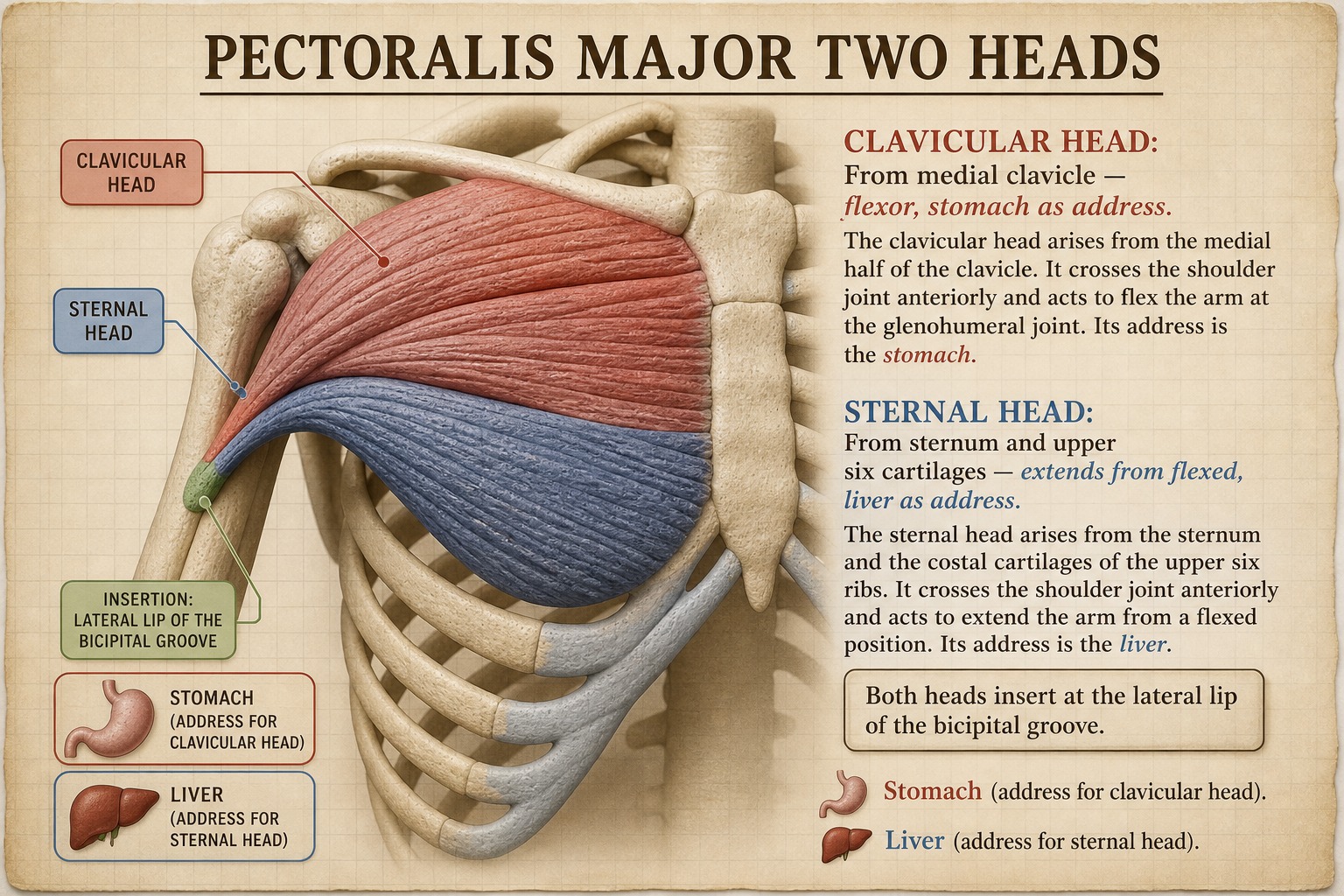 Banner: pectoralis major two heads — stomach and liver as addresses