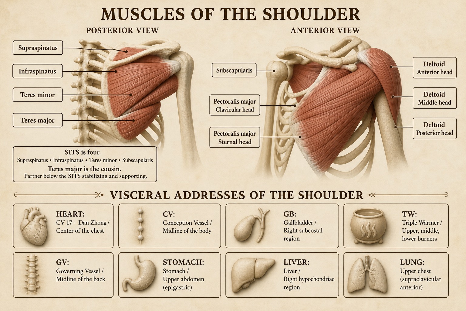 Banner: seven muscles of the shoulder — eight addresses; SITS is four, teres major is the cousin