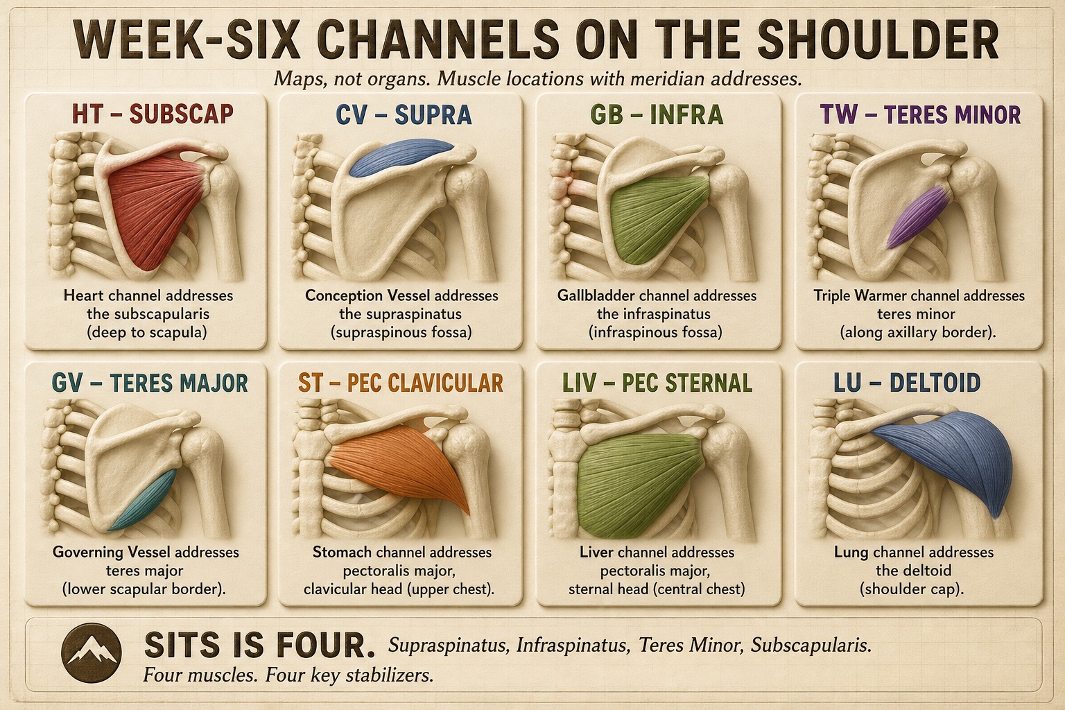 Banner: week-six channels on the shoulder — heart, CV, GB, TW, GV, stomach, liver, lung