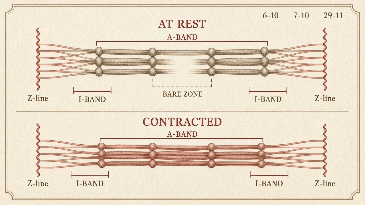Chart 7-10: sarcomere at rest and contracted — A-band constant, I-band shortening