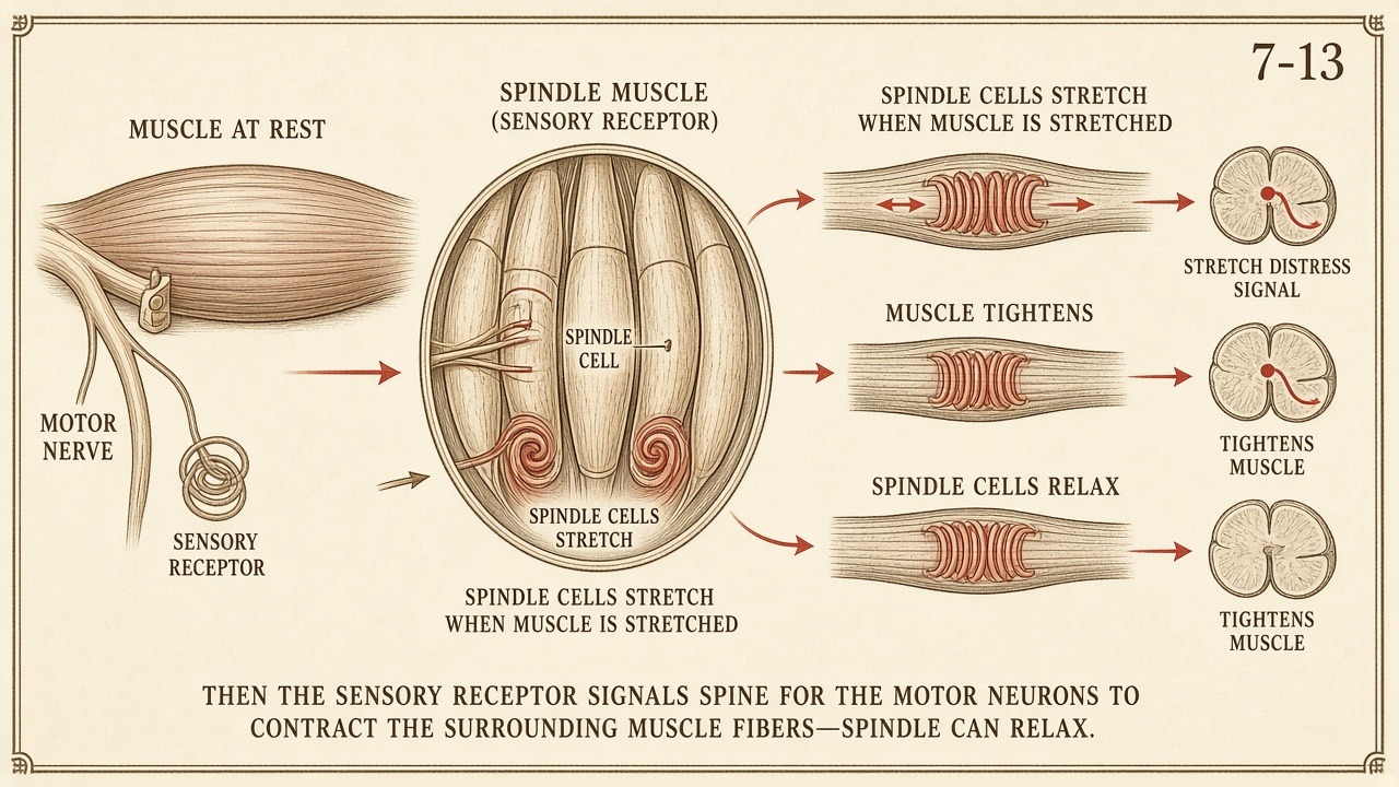 Chart 7-13: muscle at rest with spindle cell; stretch; sensory receptor signaling the spine so extrafusal fibers contract and the spindle can relax