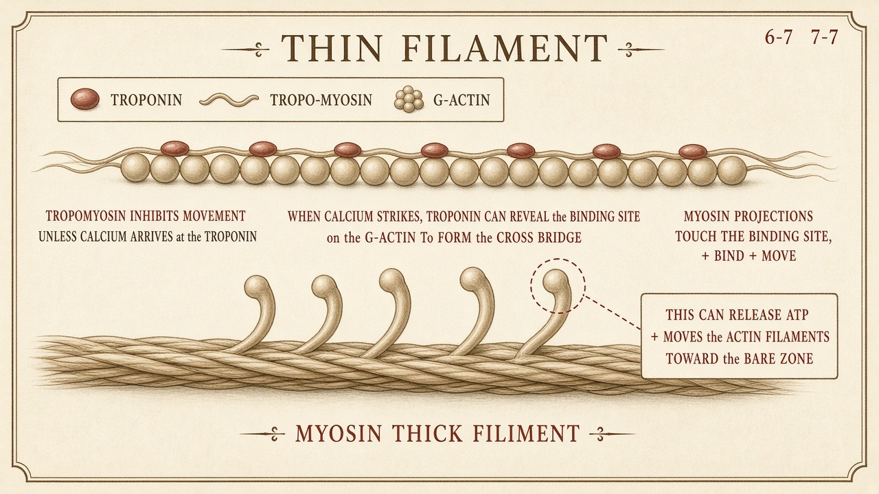 Chart 7-7: thin filament with troponin and tropomyosin; thick filament myosin heads; globin as the bind