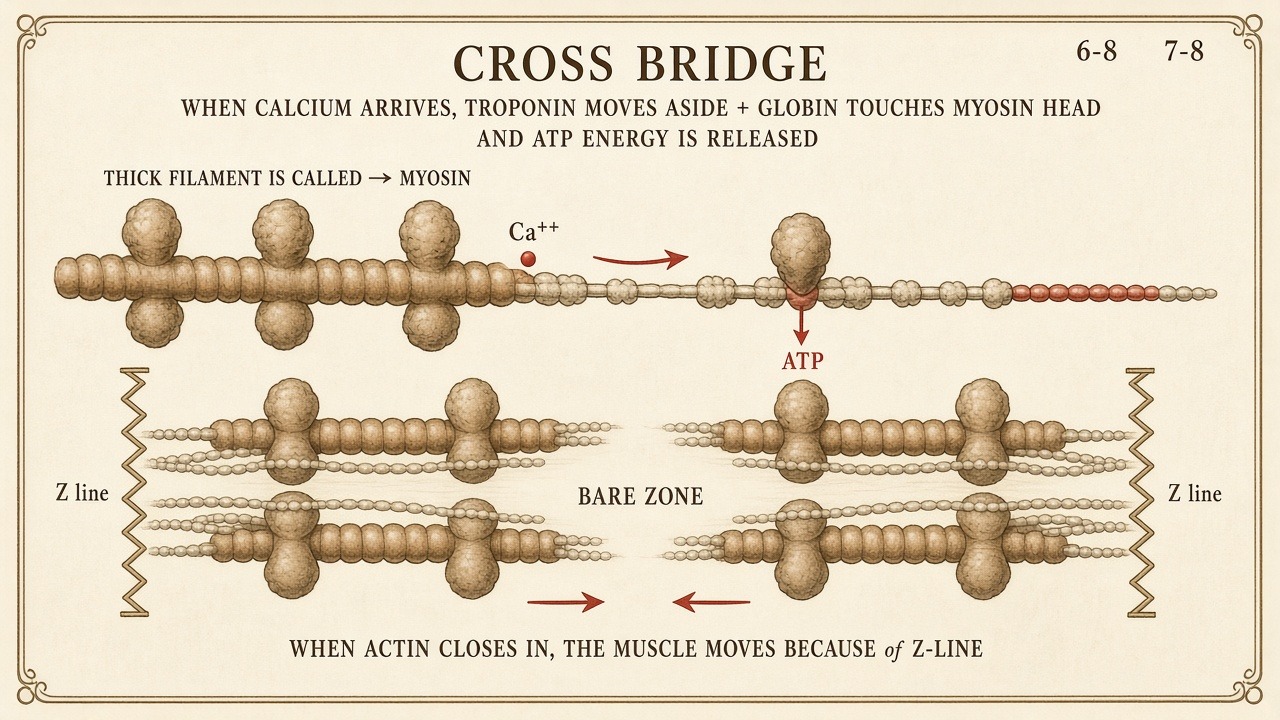 Chart 7-8: thick filament myosin, cross-bridges, Z-lines, bare zone