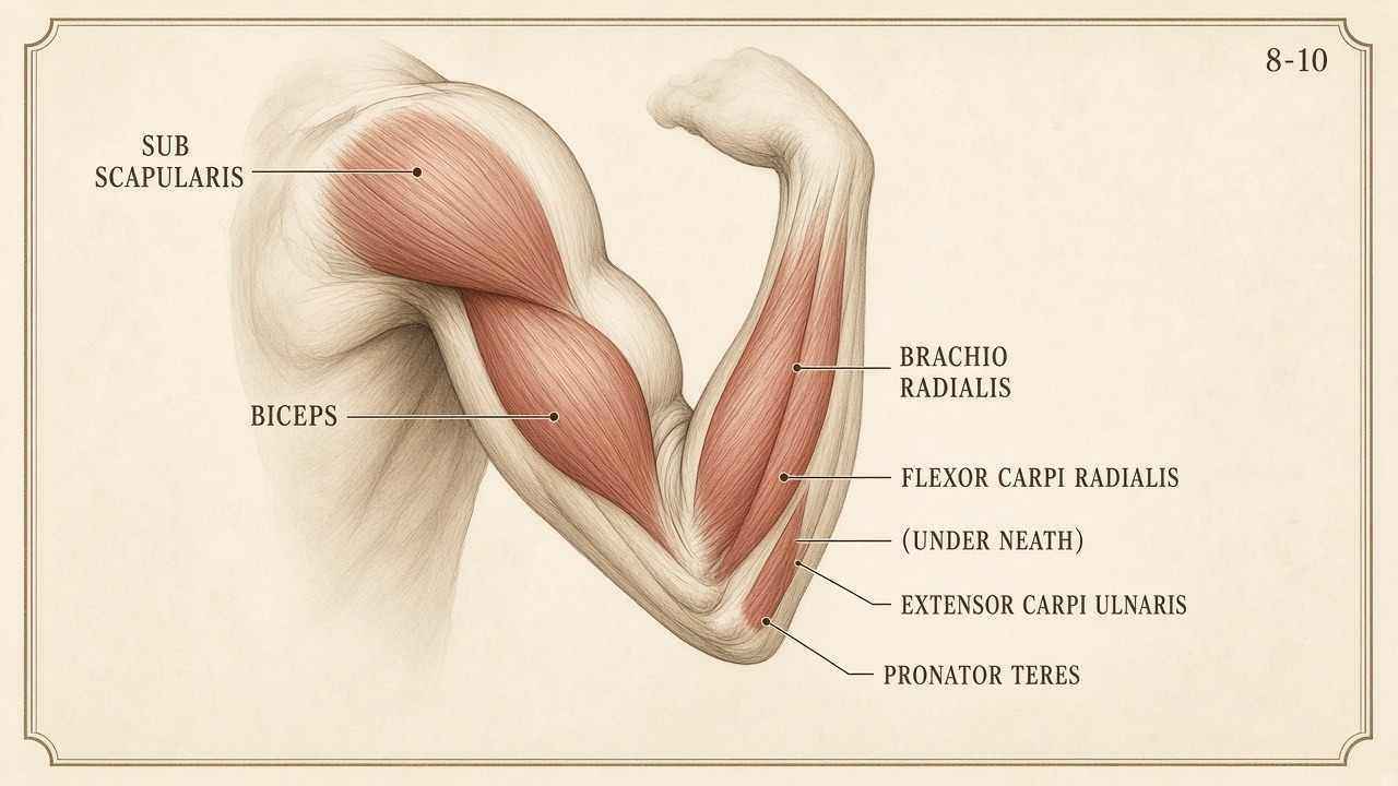 Chart 8-10: flexor carpi radialis, pronator teres, biceps, brachioradialis, subscapularis — the underside
