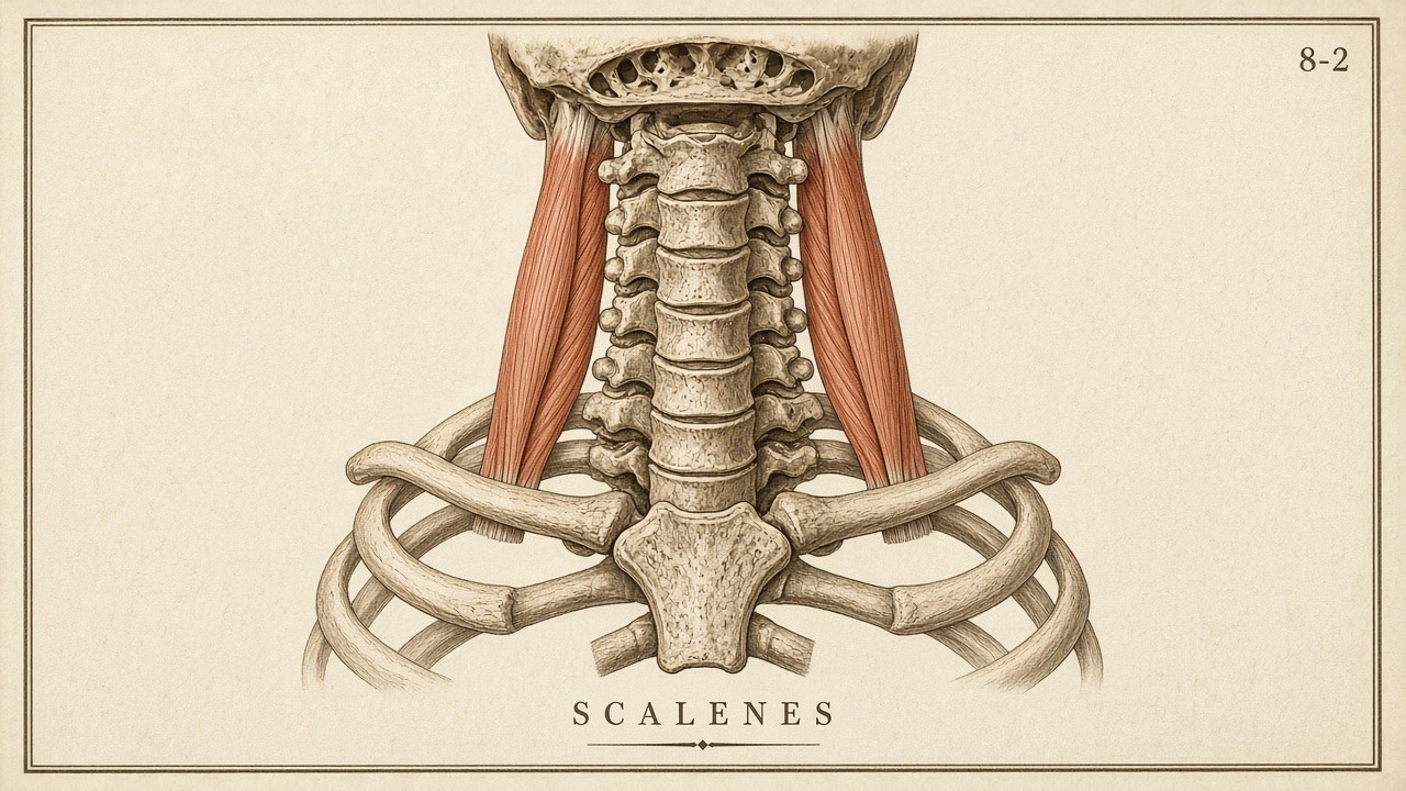 Chart 8-2: scalenes — three straps from cervical transverse processes to the first ribs