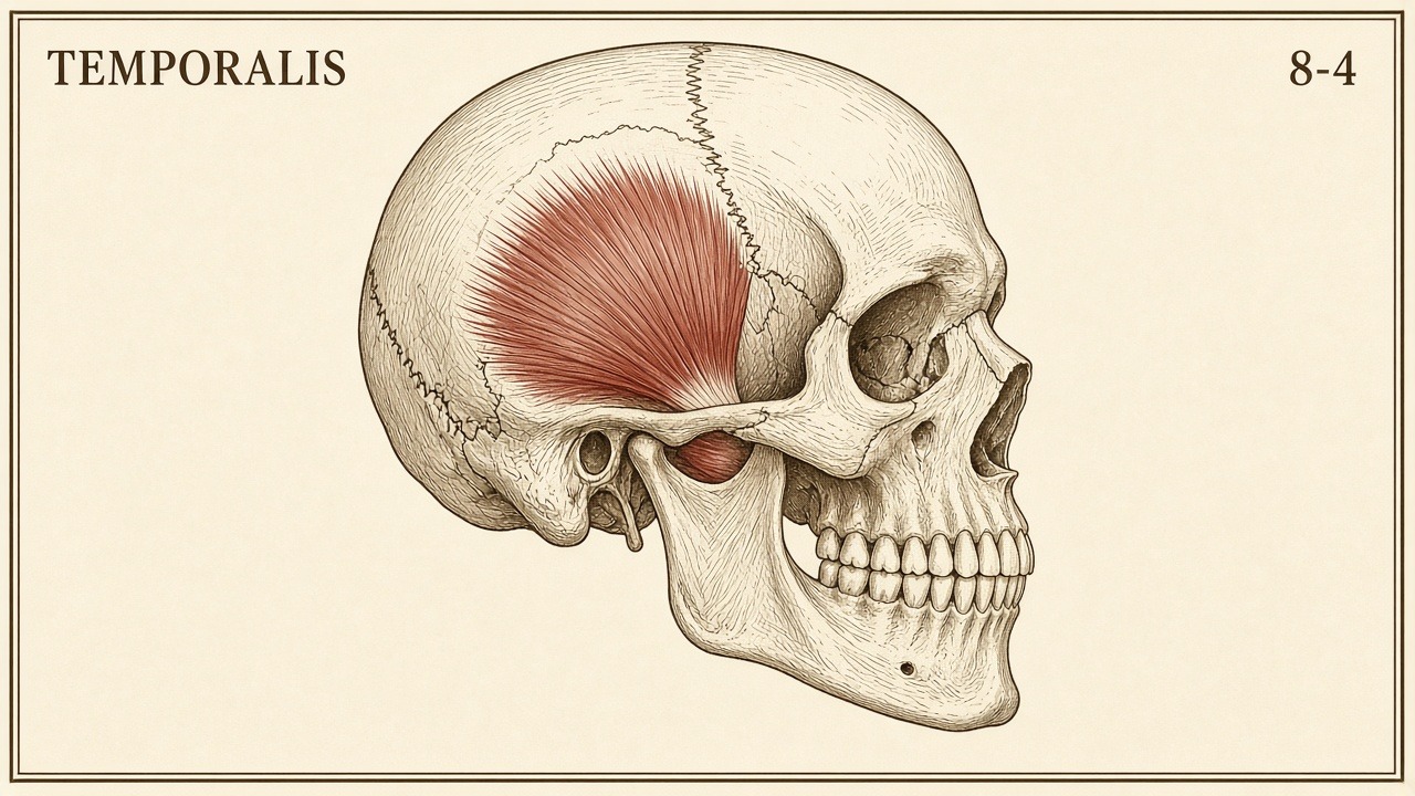 Chart 8-4: temporalis as a fan from the temporal fossa to the coronoid