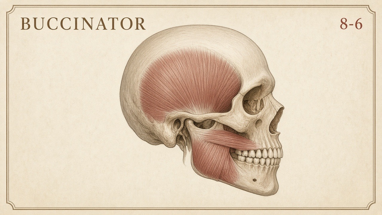 Chart 8-6: buccinator under masseter, into the corner of the mouth