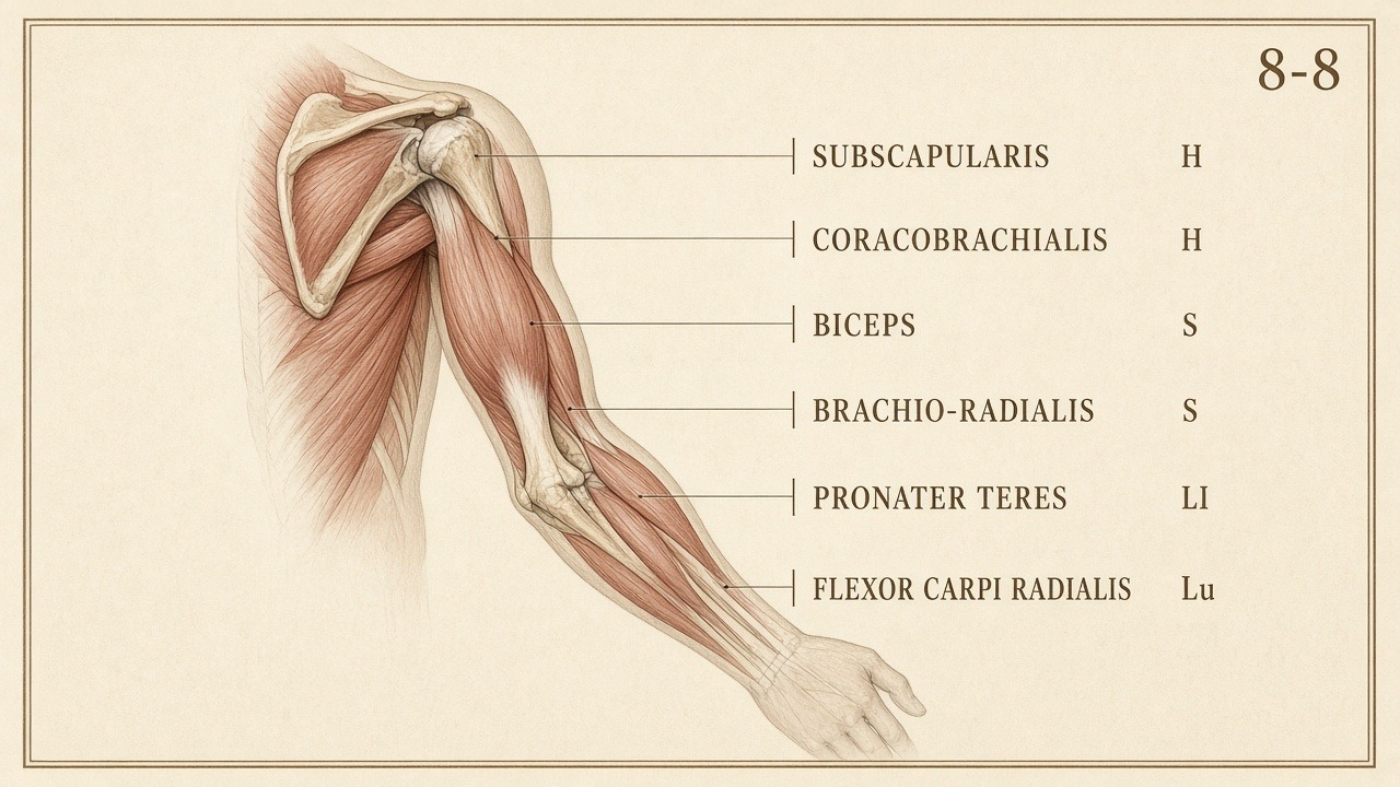 Chart 8-8: medial arm — coracobrachialis and subscapularis heart, biceps and brachioradialis stomach, pronator teres LI, flexor carpi radialis lung