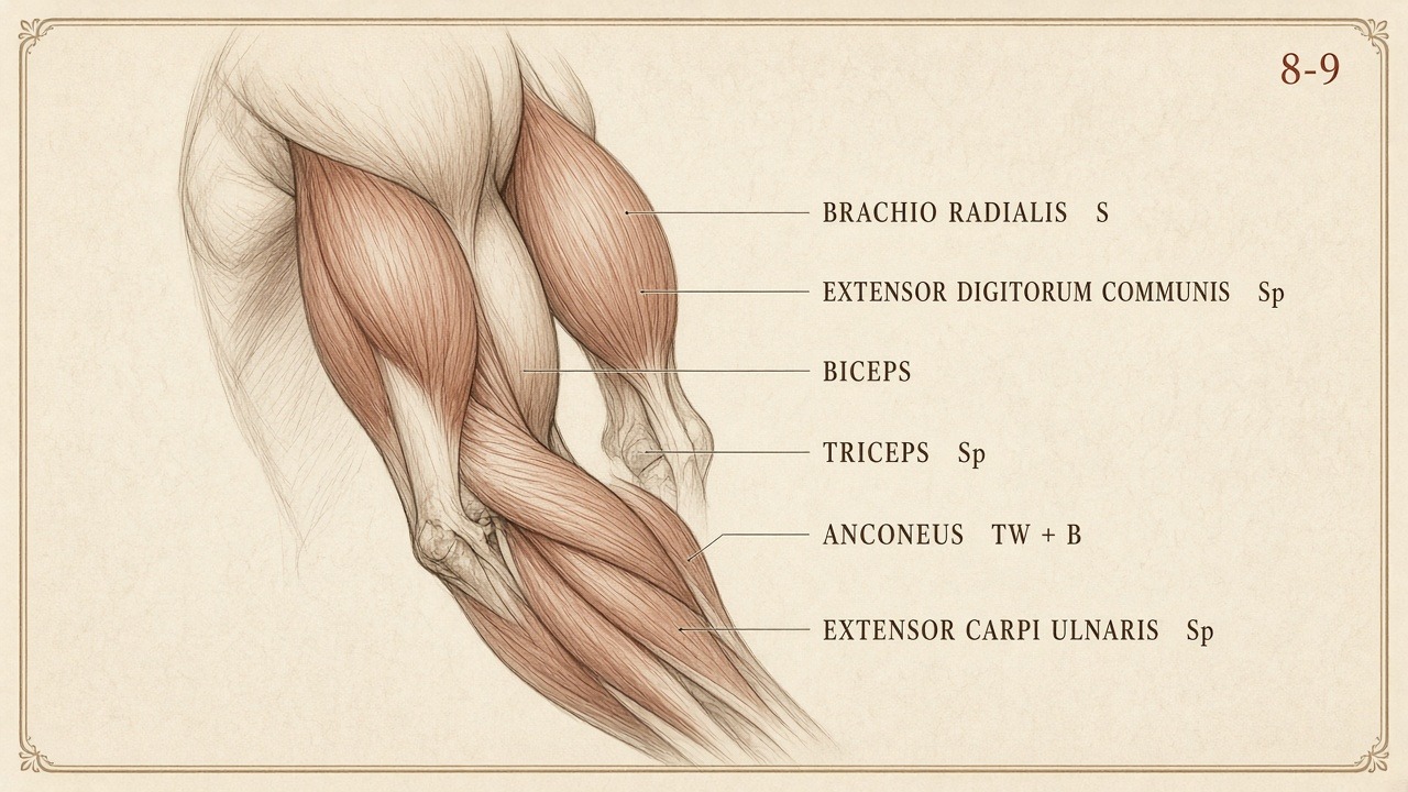 Chart 8-9: lateral forearm — brachioradialis stomach, extensor digitorum spleen, triceps spleen, extensor carpi ulnaris spleen, anconeus TW and bladder