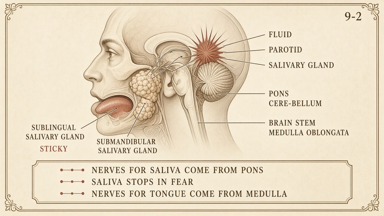 Chart 9-2: parotid, sublingual, and submandibular salivary glands, pons and medulla
