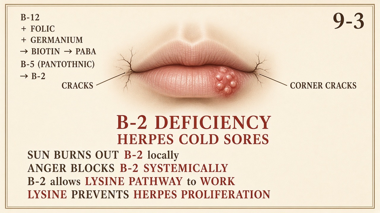 Chart 9-3: lips, corner cracks as B-2, herpes and lysine, sun and anger on riboflavin