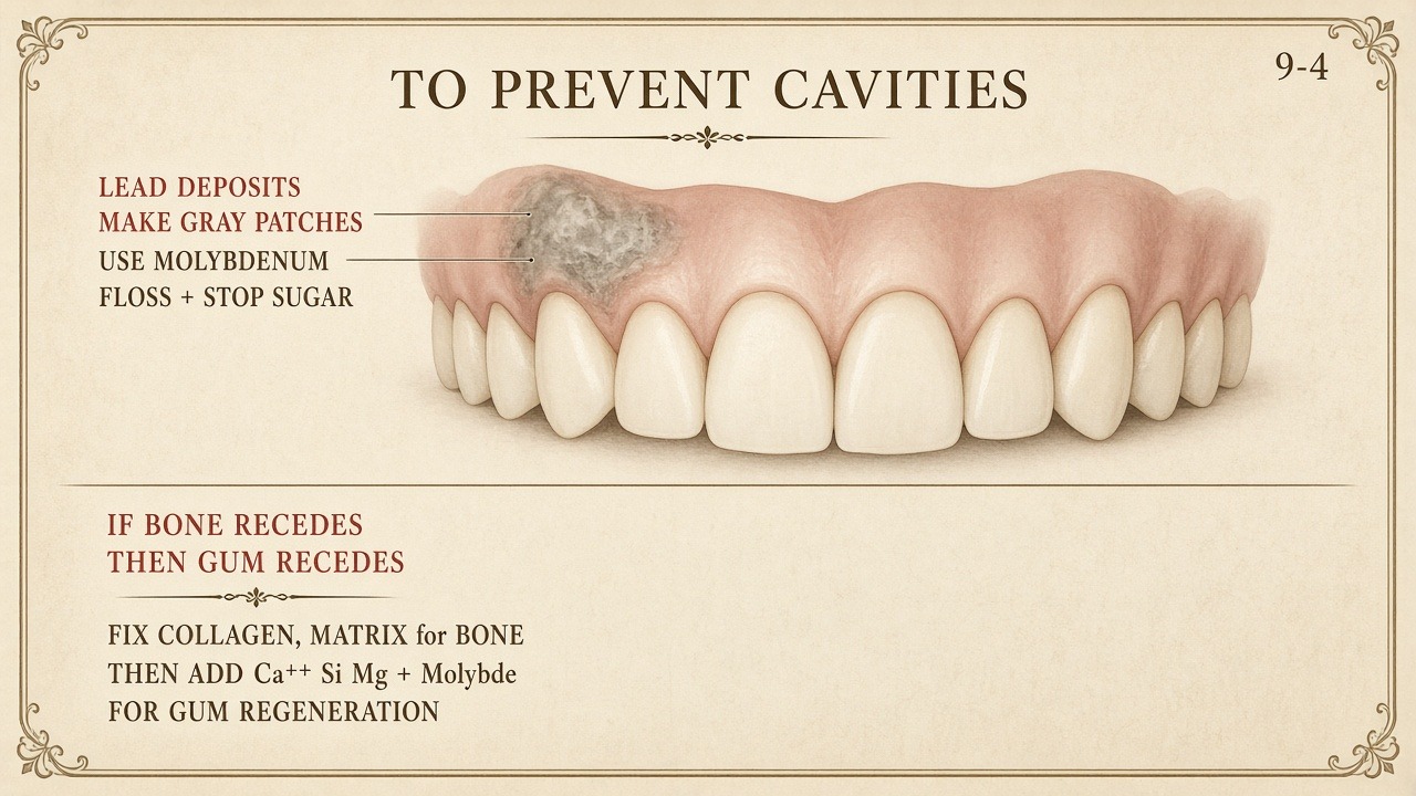 Chart 9-4: if bone recedes then gum recedes — collagen matrix then Ca, Si, Mg, molybdenum