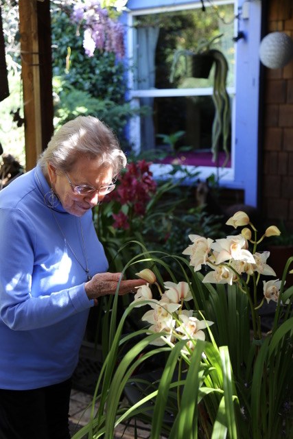 Priscilla Kapel in a blue sweater beside orchids